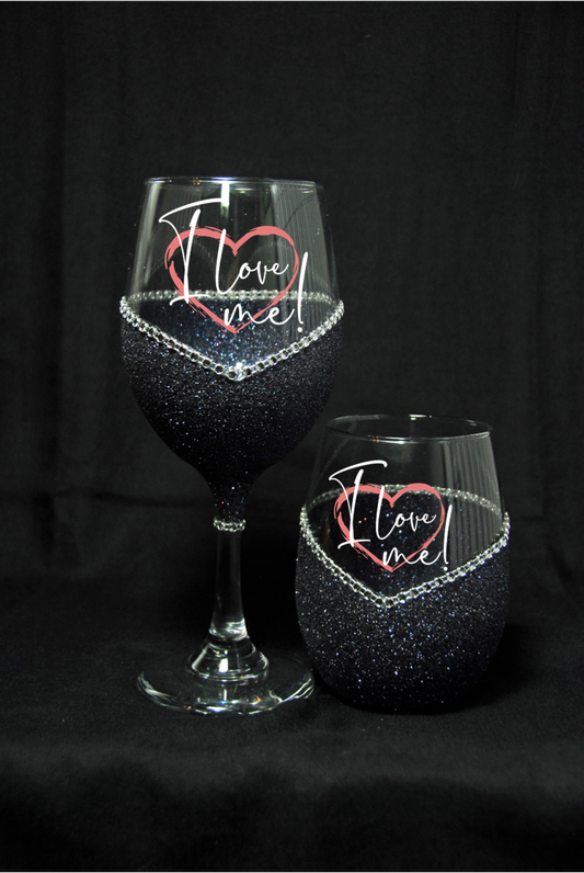 I Love Me – Bling Glitter Glass Wine Glasses (Valentine’s Day Collection)