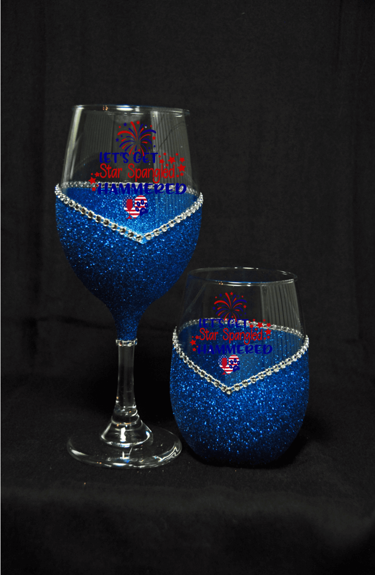 Let’s Get Star Spangled Hammered – Bling Glitter Glass Wine Glasses (4th of July Collection)