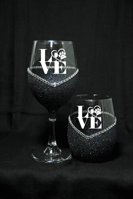 LOVE- Valentine Bling Drinkware Stem or Stemless Wine Glasses-Choose your color - Winey Bitches - Wine- Women- K9's