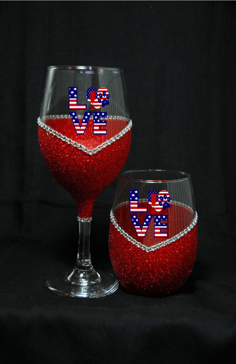 Red White Blue LOVE – Bling Glitter Glass Wine Glasses (4th of July Collection)