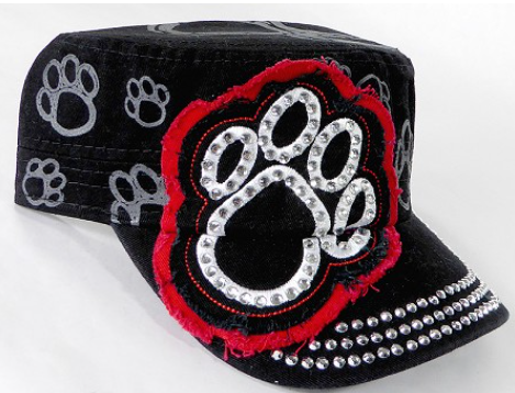 Rhinestone Design Castro Army Caps-White Paw-Black Hat