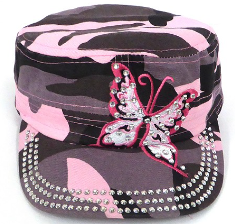 Rhinestone Design Castro Army Caps-Pink Butterfly-Pink Camo Hat