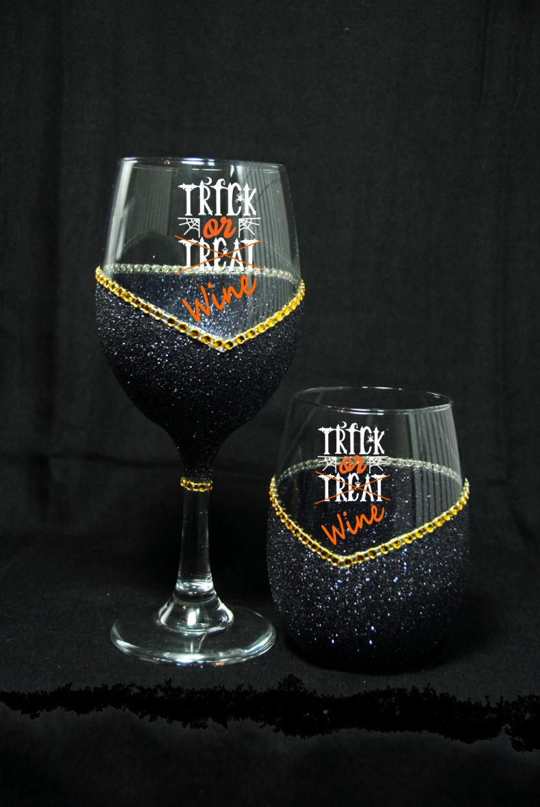 Trick or Wine – Bling Glitter Glass Wine Glasses (Halloween Collection)