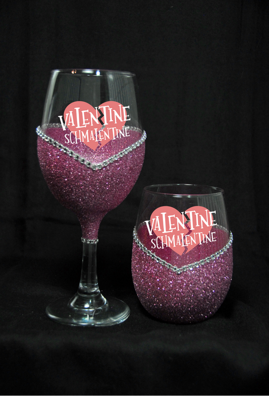 Valentine Schmalentine – Bling Glitter Glass Wine Glasses (Anti-Valentine’s Day Collection)