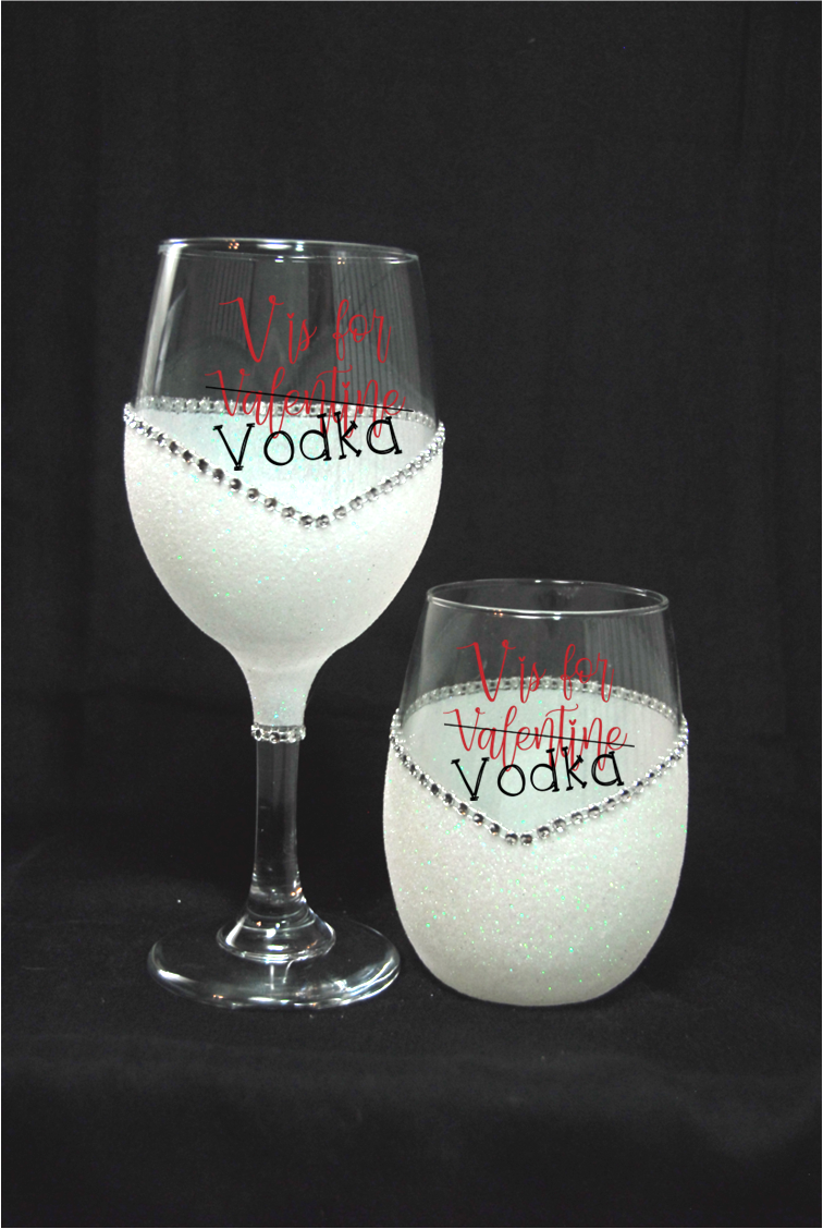 V Is For Vodka – Bling Glitter Glass Wine Glasses (Valentine’s Day Collection)