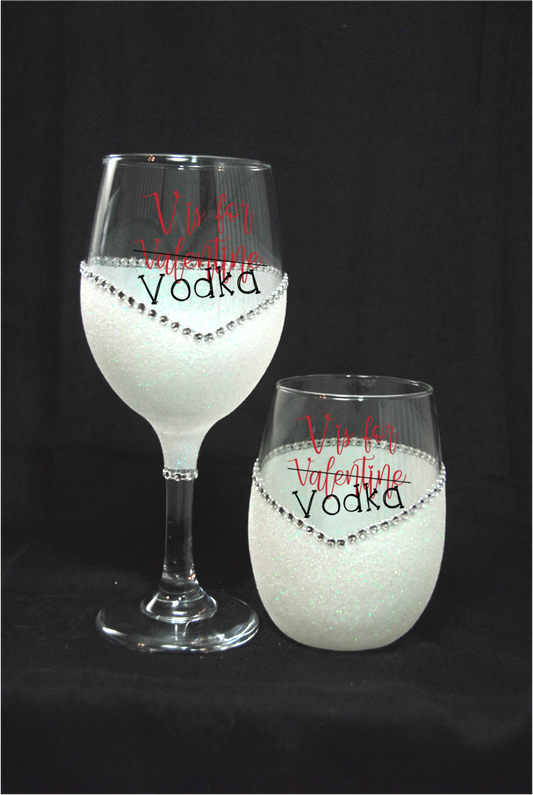 V Is For Vodka – Bling Glitter Glass Wine Glasses (Valentine’s Day Collection)