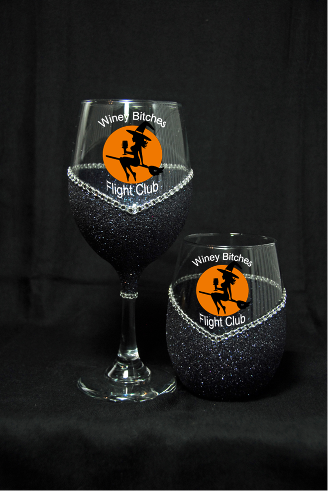 Flight Club (Witch on Broom) – Bling Glitter Glass Wine Glasses (Halloween Collection)