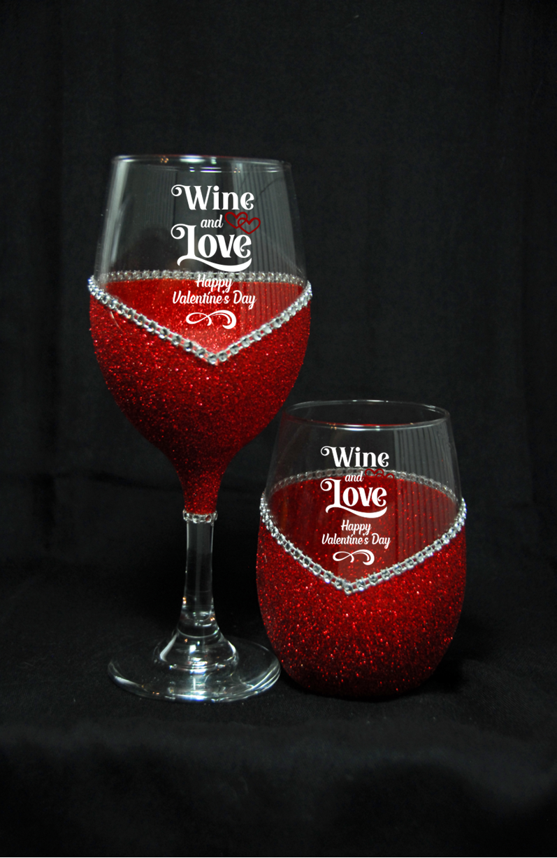 Wine and Love – Bling Glitter Glass Wine Glasses (Valentine’s Day Collection)