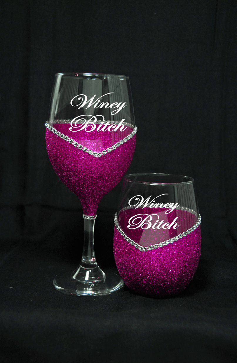 Funny "Winey Bitch" Saying- Bling Stem or Stemless Wine Glasses-Choose your color - Winey Bitches - Wine- Women- K9's