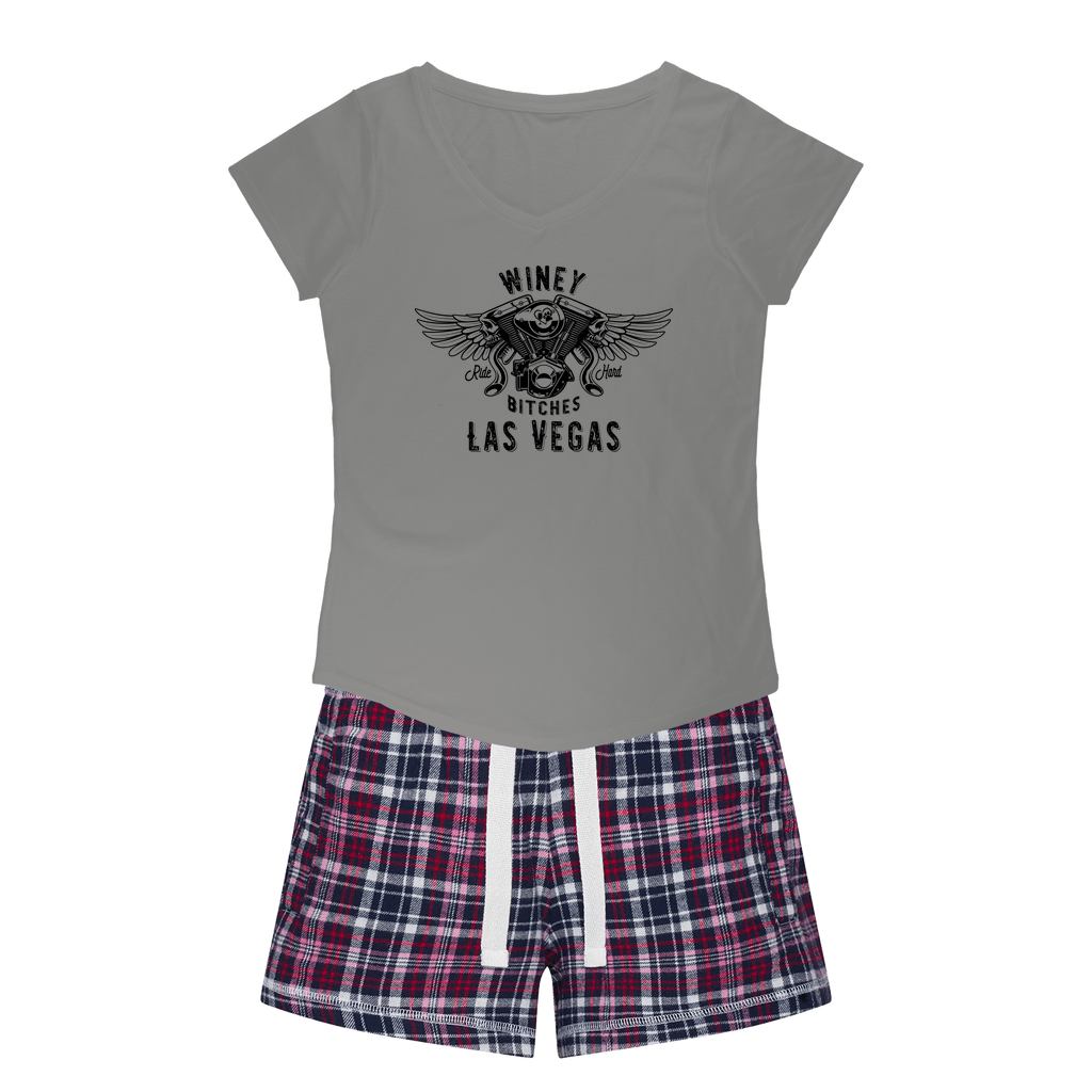 Apparel H. Grey Tee / Navy Short / XS Winey Bitches Co "Ride Hard Las Vegas" Girls Sleepy Tee and Flannel Short WineyBitchesCo