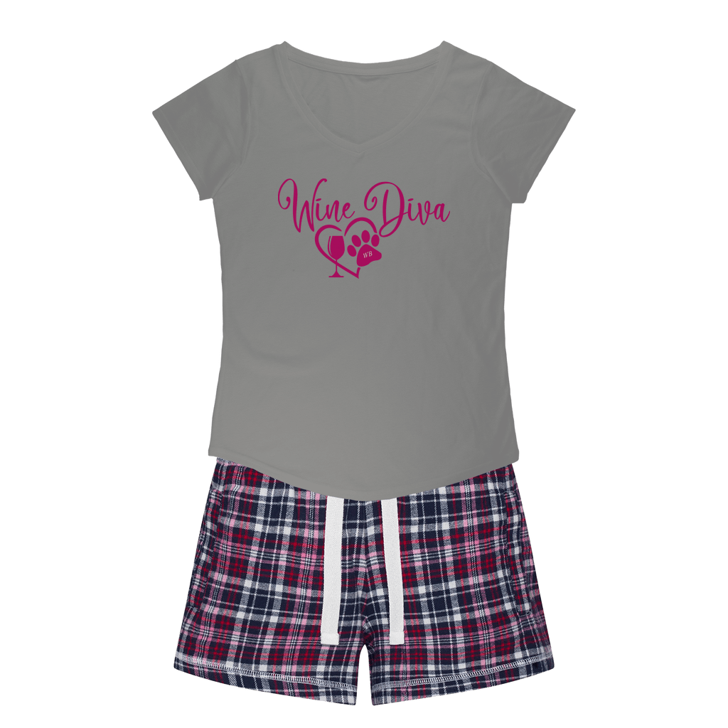 Apparel H. Grey Tee / Navy Short / XS Winey Bitches Co "Wine Diva 2" Girls Sleepy Tee and Flannel Short WineyBitchesCo