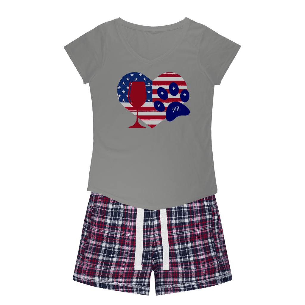 Apparel H. Grey Tee / Navy Short / XS WineyBitches.Co American Wine Heart Paw Girls Sleepy Tee and Flannel Short WineyBitchesCo