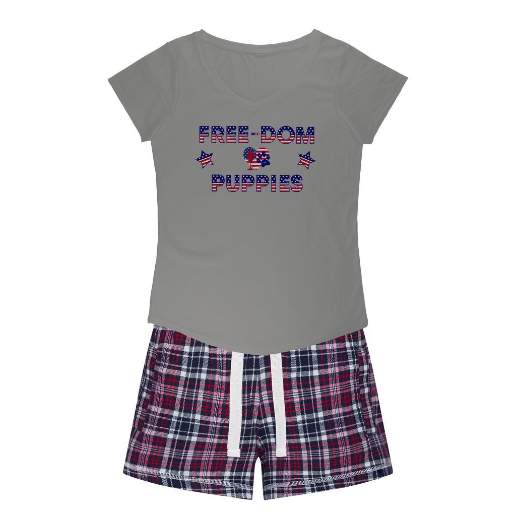 Apparel H. Grey Tee / Navy Short / XS WineyBitches.Co Free-dom Puppies Girls Sleepy Tee and Flannel Short WineyBitchesCo