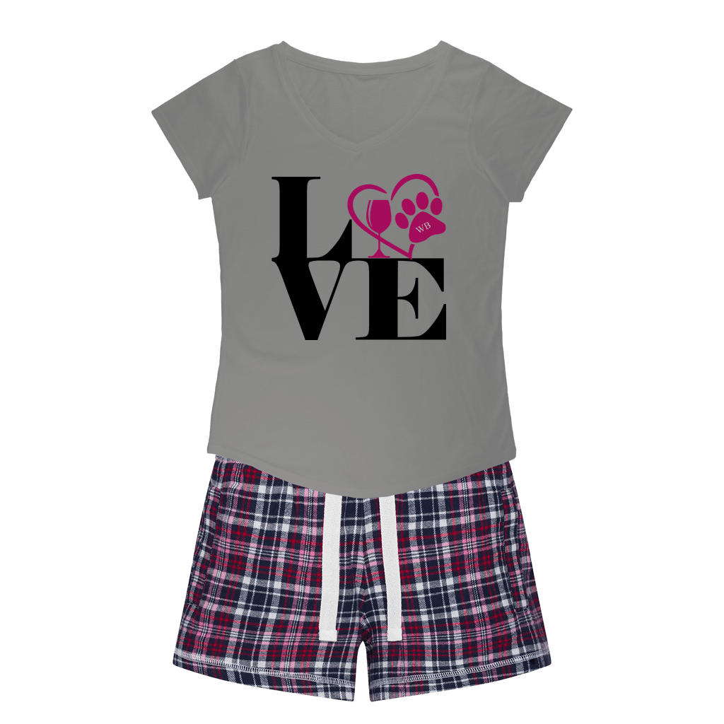 Apparel H. Grey Tee / Navy Short / XS WineyBitches.Co Love Paw 2 Girls Sleepy Tee and Flannel Short WineyBitchesCo