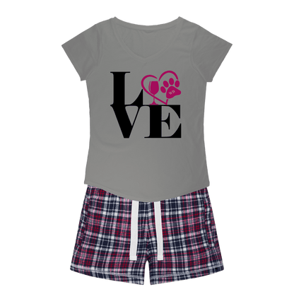 Apparel H. Grey Tee / Navy Short / XS WineyBitches.Co Love Paw 2 Girls Sleepy Tee and Flannel Short WineyBitchesCo