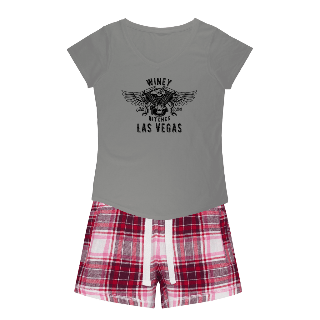 Apparel H. Grey Tee / Red Pink Short / XS Winey Bitches Co "Ride Hard Las Vegas" Girls Sleepy Tee and Flannel Short WineyBitchesCo