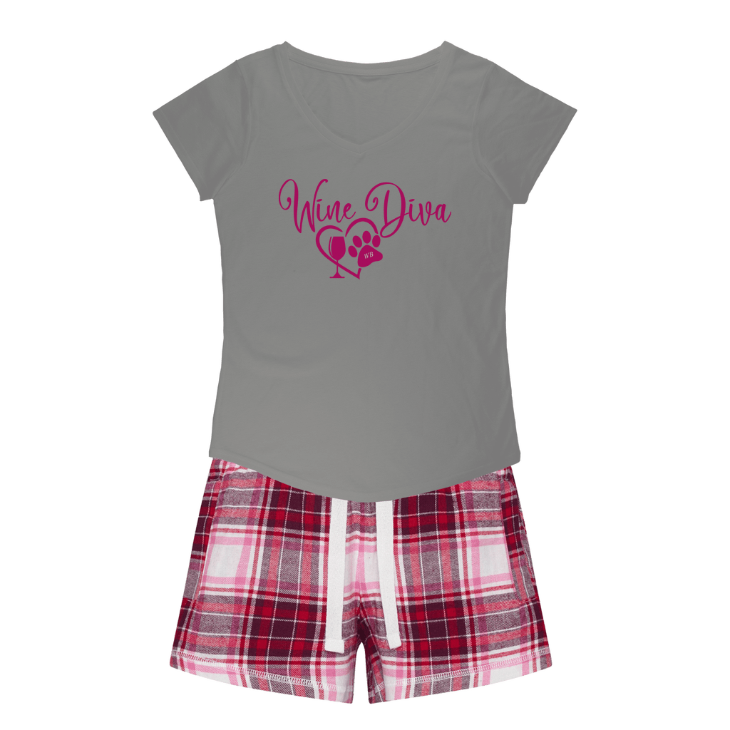 Apparel H. Grey Tee / Red Pink Short / XS Winey Bitches Co "Wine Diva 2" Girls Sleepy Tee and Flannel Short WineyBitchesCo