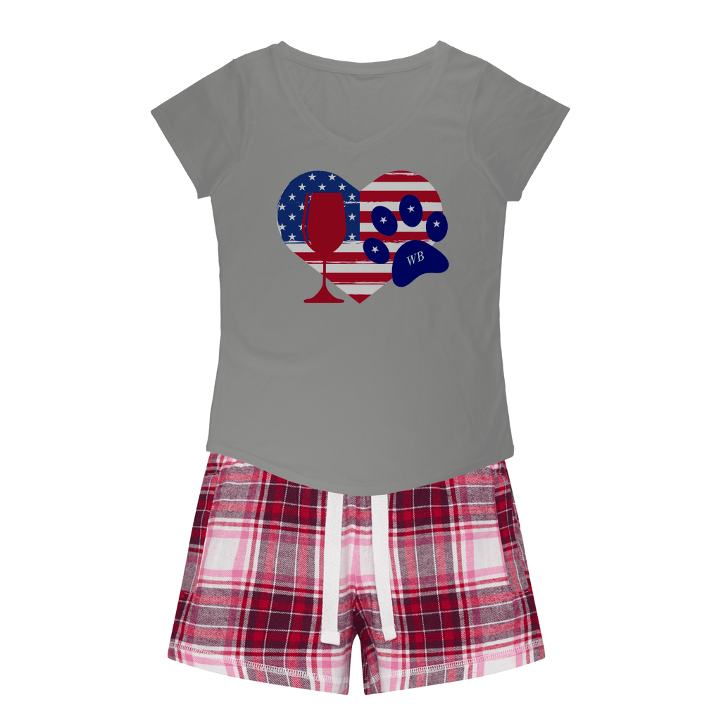 Apparel H. Grey Tee / Red Pink Short / XS WineyBitches.Co American Wine Heart Paw Girls Sleepy Tee and Flannel Short WineyBitchesCo