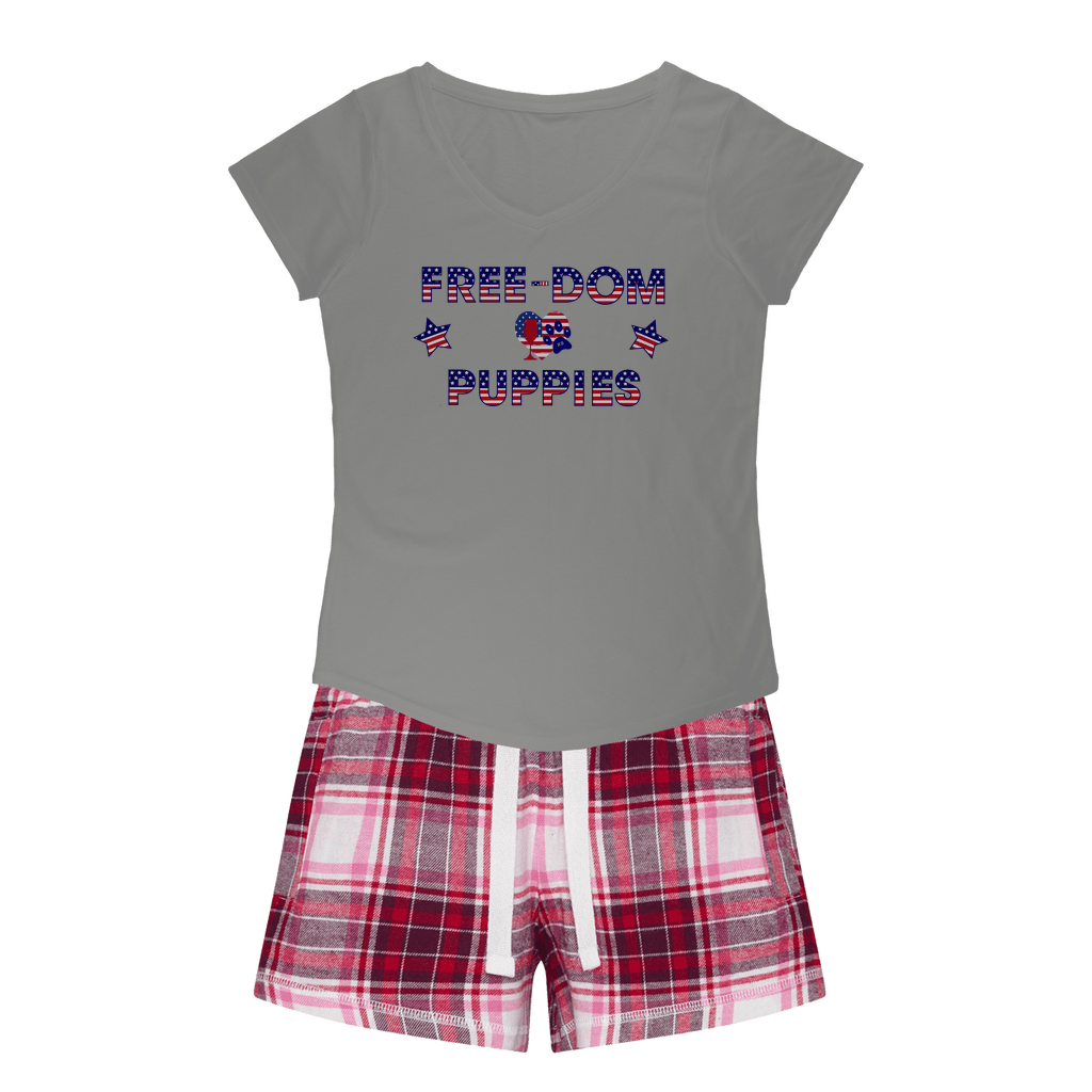 Apparel H. Grey Tee / Red Pink Short / XS WineyBitches.Co Free-dom Puppies Girls Sleepy Tee and Flannel Short WineyBitchesCo
