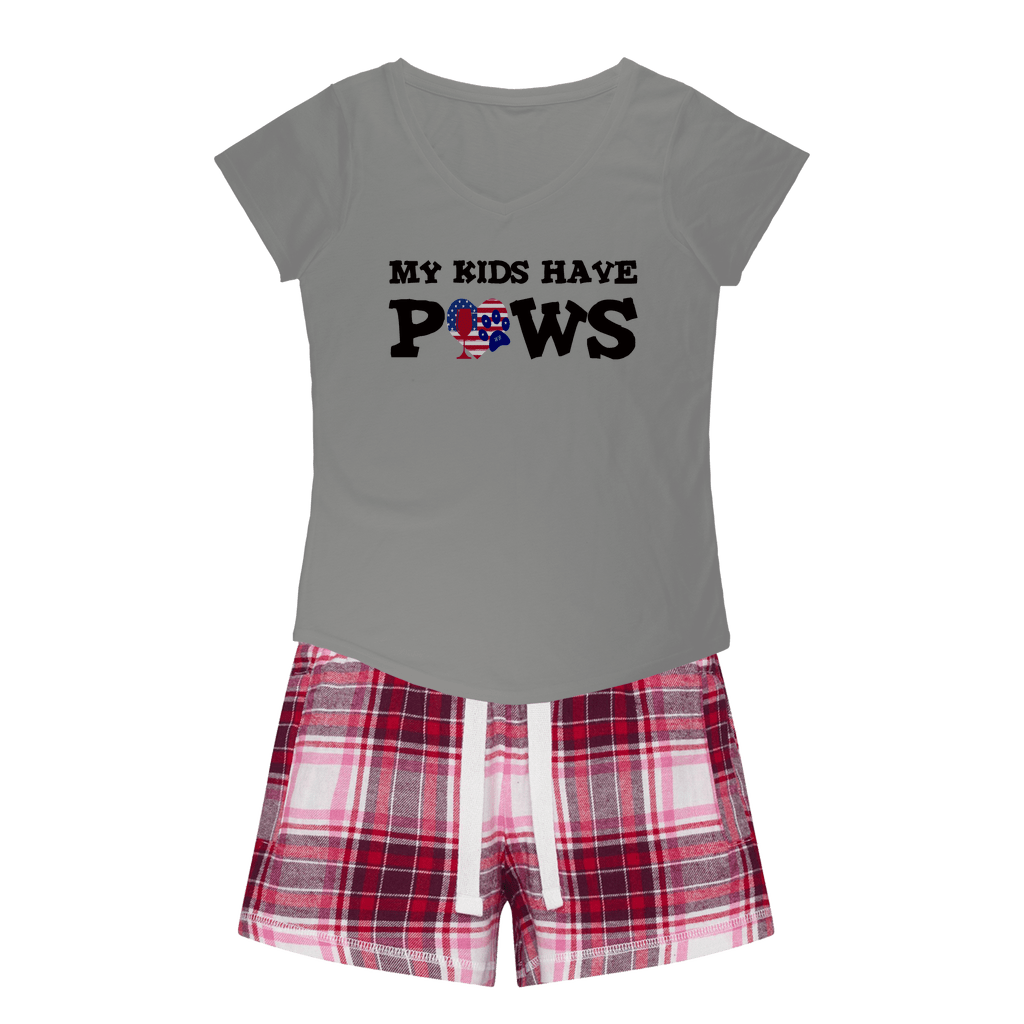 Apparel H. Grey Tee / Red Pink Short / XS WineyBitches.Co My Kids Have Paws Girls Sleepy Tee and Flannel Short WineyBitchesCo