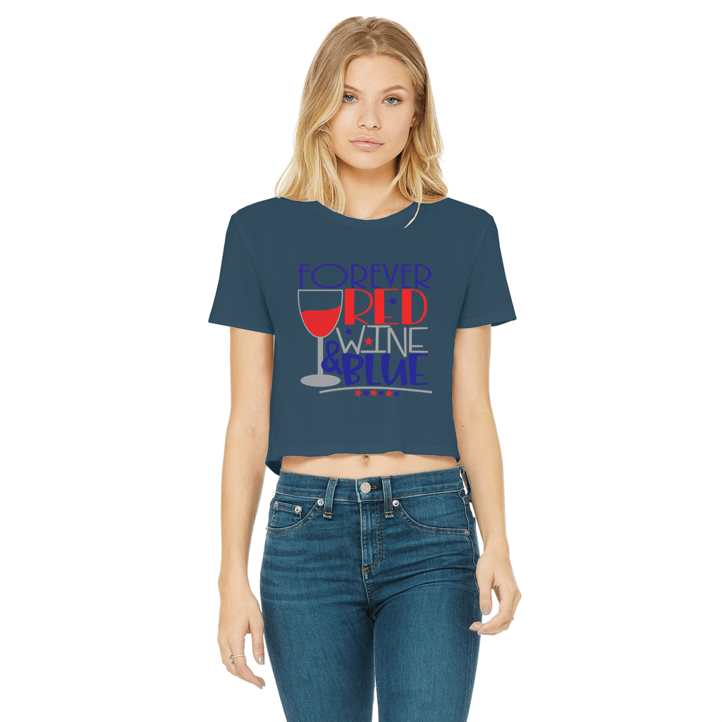 Apparel Navy / Female / S WineyBitches.Co Forever Red Wine Blue Classic Women's Cropped Raw Edge T-Shirt WineyBitchesCo