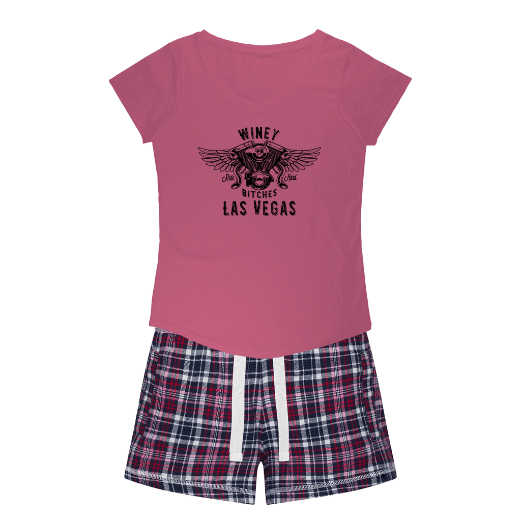 Apparel Pink Tee / Navy Short / XS Winey Bitches Co "Ride Hard Las Vegas" Girls Sleepy Tee and Flannel Short WineyBitchesCo