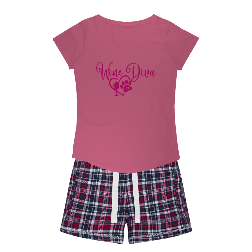 Apparel Pink Tee / Navy Short / XS Winey Bitches Co "Wine Diva 2" Girls Sleepy Tee and Flannel Short WineyBitchesCo