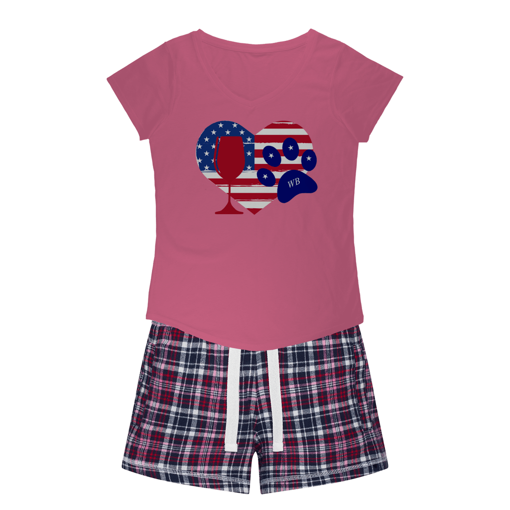 Apparel Pink Tee / Navy Short / XS WineyBitches.Co American Wine Heart Paw Girls Sleepy Tee and Flannel Short WineyBitchesCo