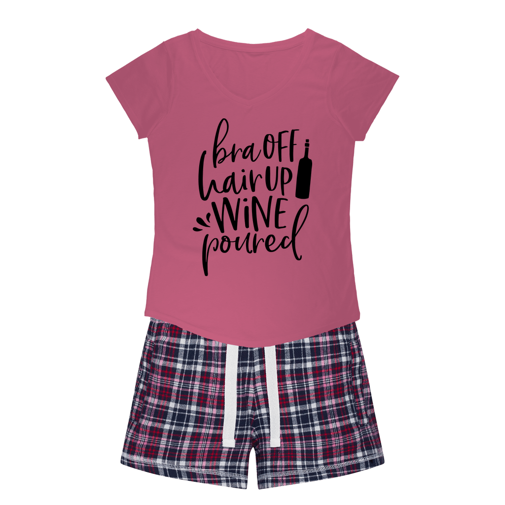 Apparel Pink Tee / Navy Short / XS WineyBitches.Co Bra Off Hair Up Wine Poured Girls Sleepy Tee and Flannel Short WineyBitchesCo