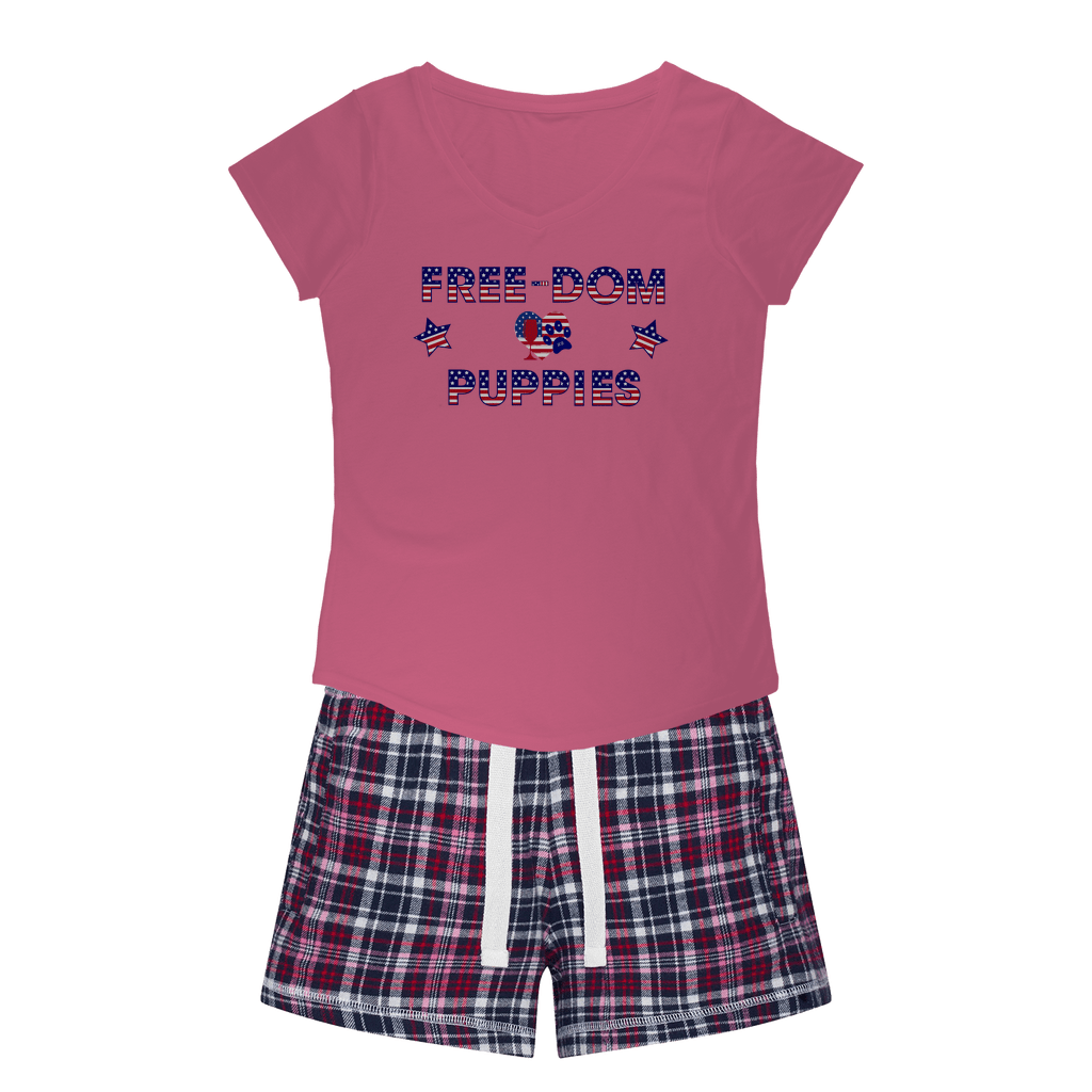 Apparel Pink Tee / Navy Short / XS WineyBitches.Co Free-dom Puppies Girls Sleepy Tee and Flannel Short WineyBitchesCo