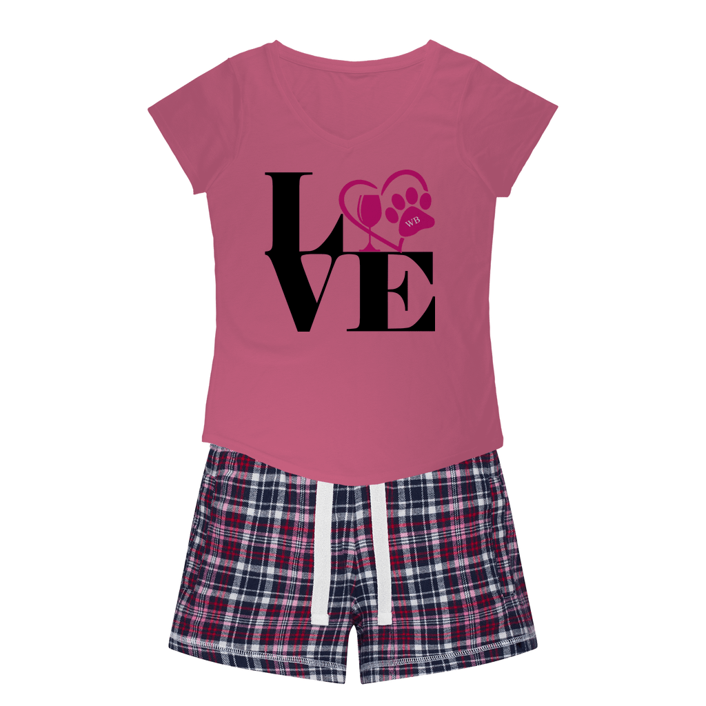 Apparel Pink Tee / Navy Short / XS WineyBitches.Co Love Paw 2 Girls Sleepy Tee and Flannel Short WineyBitchesCo