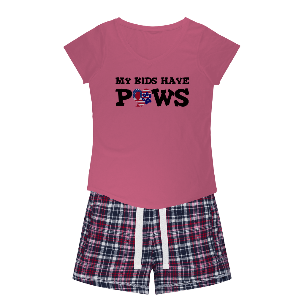 Apparel Pink Tee / Navy Short / XS WineyBitches.Co My Kids Have Paws Girls Sleepy Tee and Flannel Short WineyBitchesCo