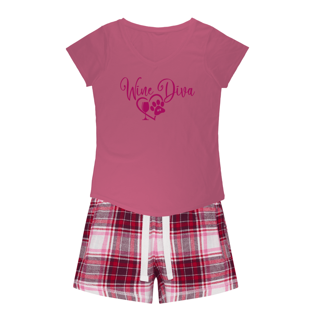 Apparel Pink Tee / Red Pink Short / XS Winey Bitches Co "Wine Diva 2" Girls Sleepy Tee and Flannel Short WineyBitchesCo