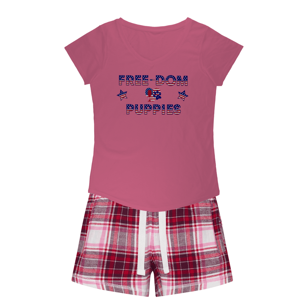 Apparel Pink Tee / Red Pink Short / XS WineyBitches.Co Free-dom Puppies Girls Sleepy Tee and Flannel Short WineyBitchesCo