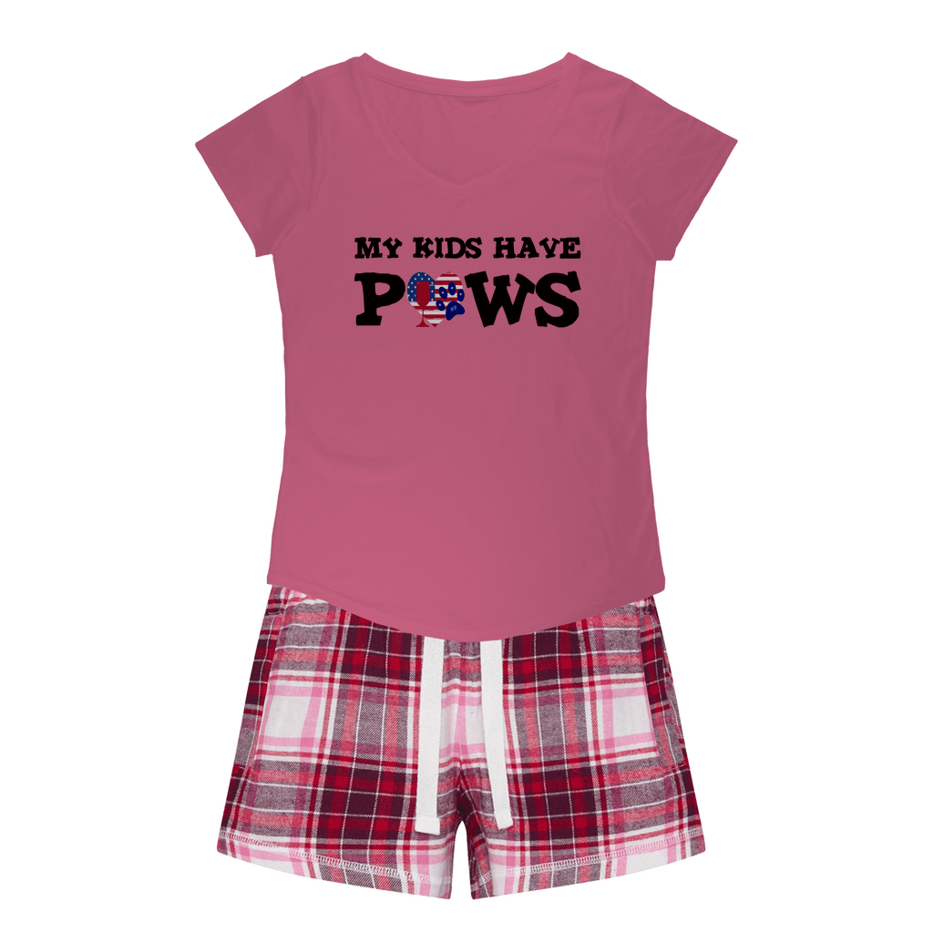 Apparel Pink Tee / Red Pink Short / XS WineyBitches.Co My Kids Have Paws Girls Sleepy Tee and Flannel Short WineyBitchesCo