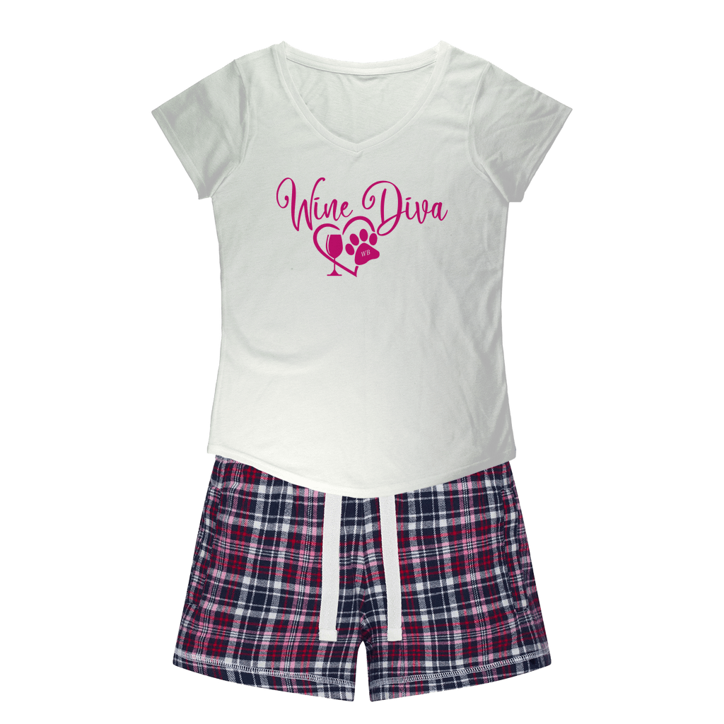Apparel White Tee / Navy Short / XS Winey Bitches Co "Wine Diva 2" Girls Sleepy Tee and Flannel Short WineyBitchesCo