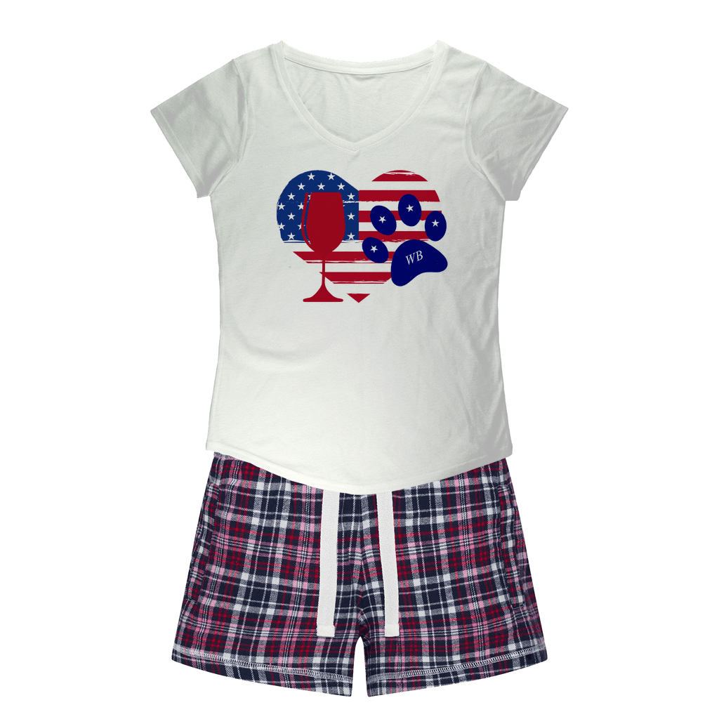 Apparel White Tee / Navy Short / XS WineyBitches.Co American Wine Heart Paw Girls Sleepy Tee and Flannel Short WineyBitchesCo