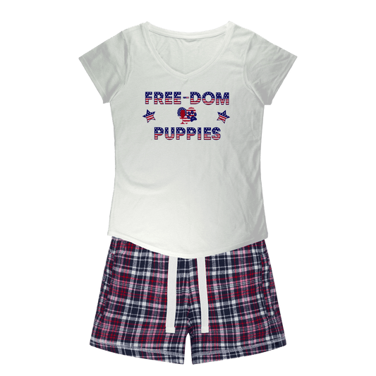 Apparel White Tee / Navy Short / XS WineyBitches.Co Free-dom Puppies Girls Sleepy Tee and Flannel Short WineyBitchesCo
