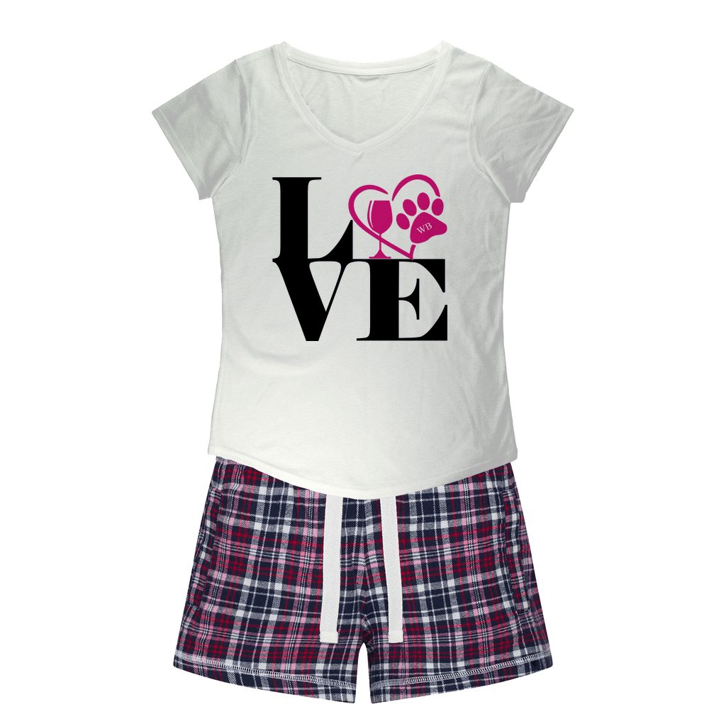 Apparel White Tee / Navy Short / XS WineyBitches.Co Love Paw 2 Girls Sleepy Tee and Flannel Short WineyBitchesCo