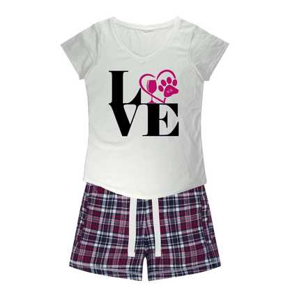 Apparel White Tee / Navy Short / XS WineyBitches.Co Love Paw 2 Girls Sleepy Tee and Flannel Short WineyBitchesCo