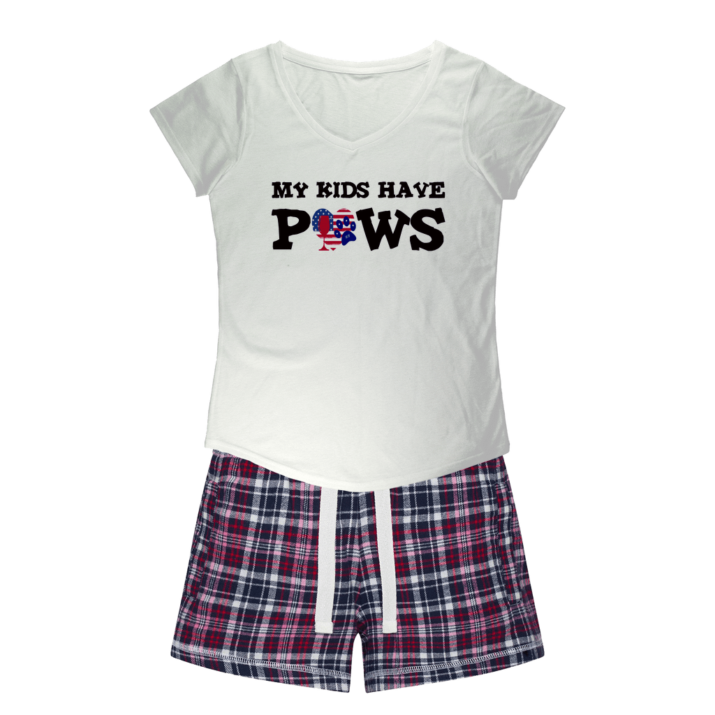 Apparel White Tee / Navy Short / XS WineyBitches.Co My Kids Have Paws Girls Sleepy Tee and Flannel Short WineyBitchesCo
