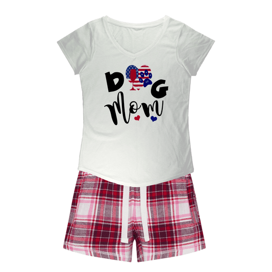 Apparel White Tee / Red Pink Short / XS WineyBitches.Co American Dog Mom Girls Sleepy Tee and Flannel Short WineyBitchesCo