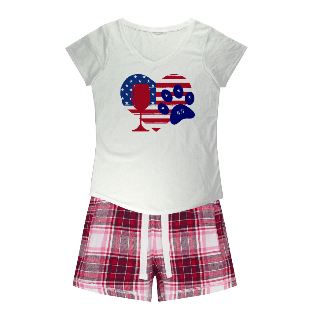 Apparel White Tee / Red Pink Short / XS WineyBitches.Co American Wine Heart Paw Girls Sleepy Tee and Flannel Short WineyBitchesCo