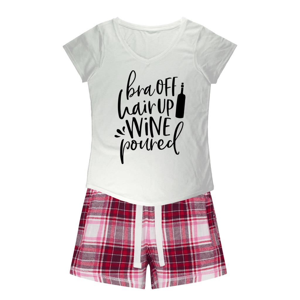 Apparel White Tee / Red Pink Short / XS WineyBitches.Co Bra Off Hair Up Wine Poured Girls Sleepy Tee and Flannel Short WineyBitchesCo