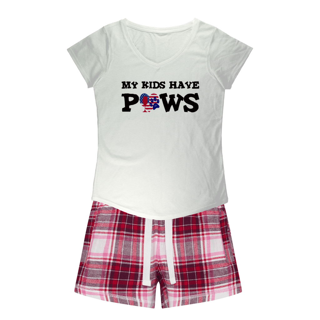 Apparel White Tee / Red Pink Short / XS WineyBitches.Co My Kids Have Paws Girls Sleepy Tee and Flannel Short WineyBitchesCo