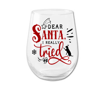 Barware Winey Bitches Co "Dear Santa I Really Tried" Funny Holiday Stemless Wine Glass WineyBitchesCo