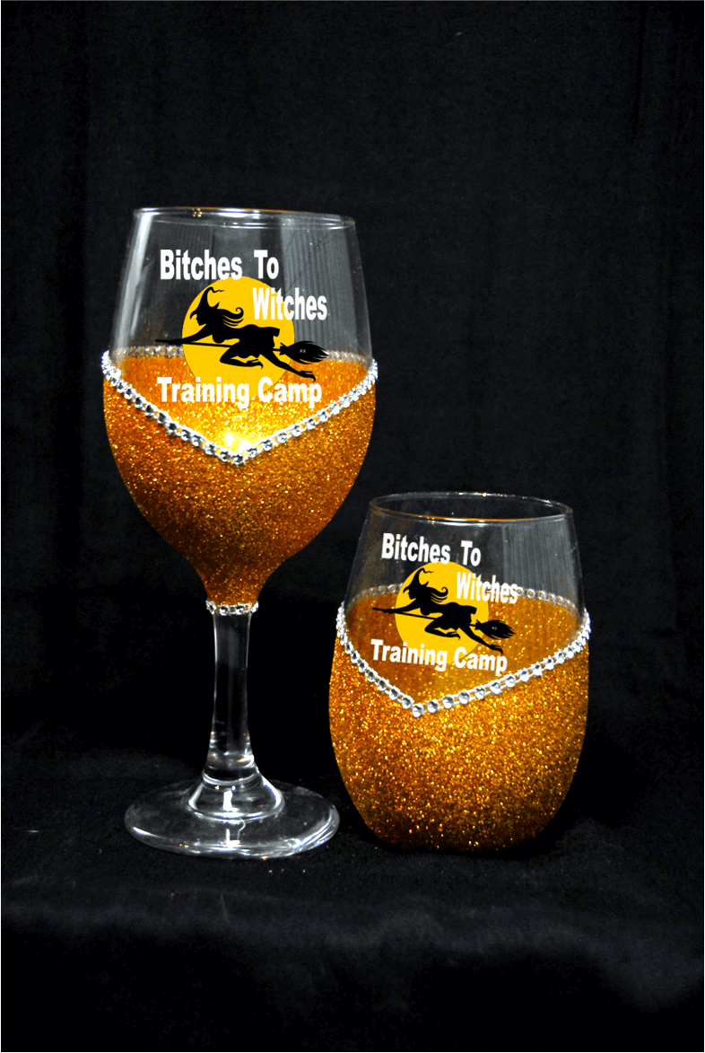 Bitches to Witches Training Camp Bling Stem or Stemless Wine Glasses-Choose your color - Winey Bitches - Wine- Women- K9's