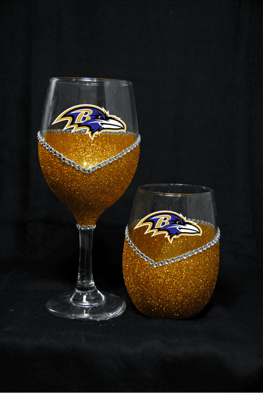 Baltimore Ravens Bling Stem or Stemless Wine Glasses-Choose your color - Winey Bitches - Wine- Women- K9's