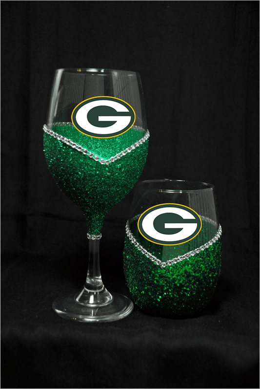 Green Bay Packers Bling Stem or Stemless Wine Glasses-Choose your color - Winey Bitches - Wine- Women- K9's