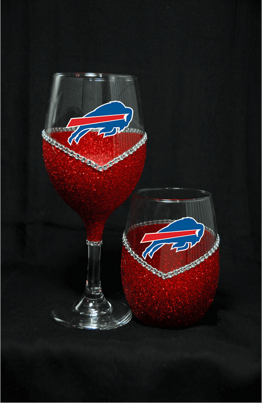 Buffalo Bills Bling Stem or Stemless Wine Glasses-Choose your color - Winey Bitches - Wine- Women- K9's
